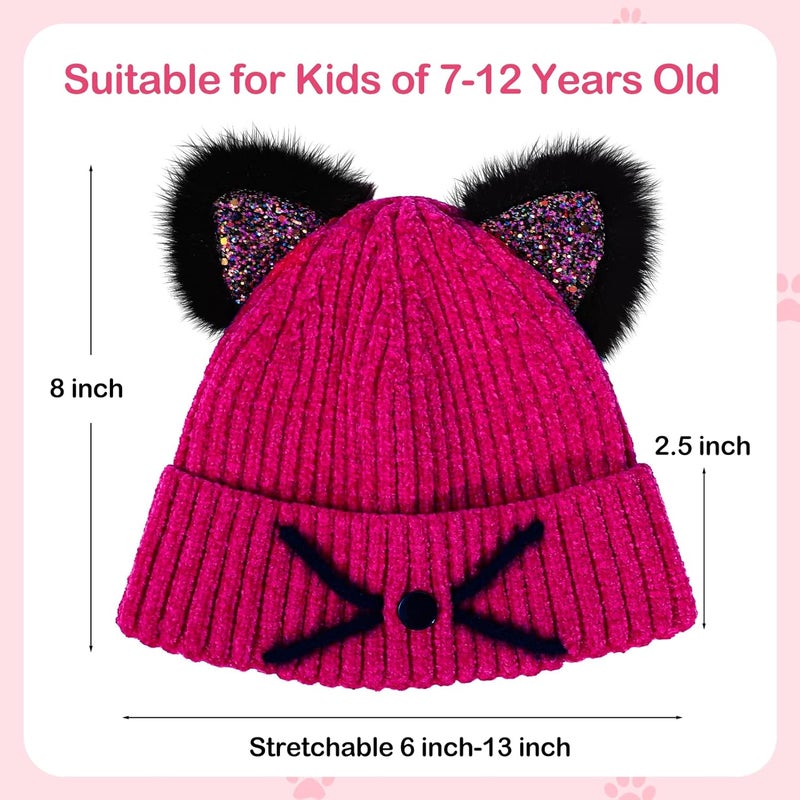ACTLATI Kids Girls Sequin Cat Ears Hats Winter Knitted Beanie Hat for Outdoor Snow Ski Skull Cap Ages 7-12 - Image 3